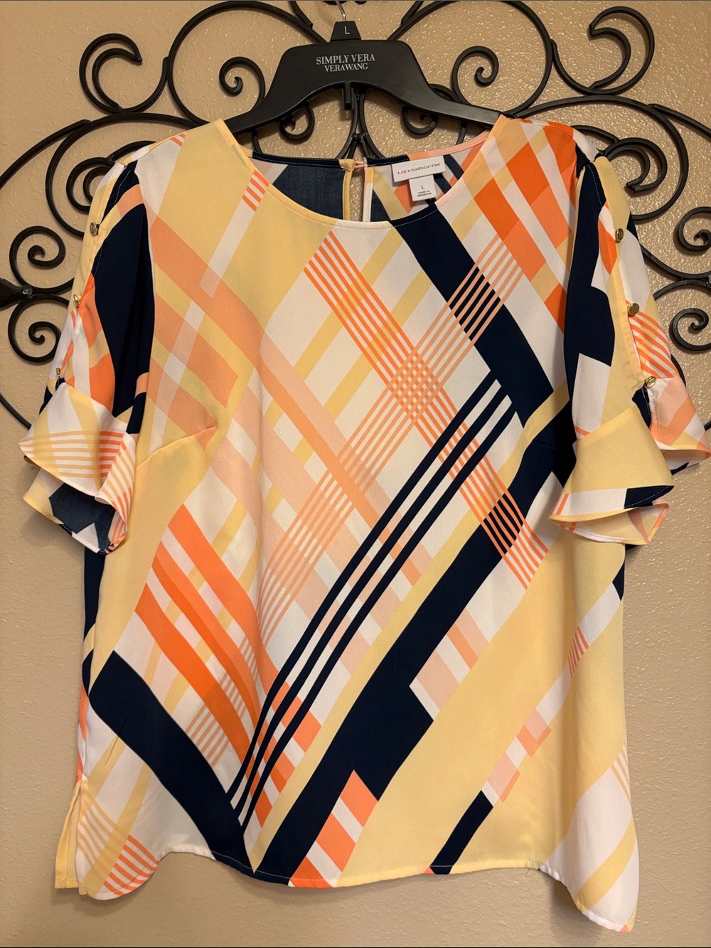 Liz Claiborne Yellow Navy Orange Geometric Ruffle Sleeve Blouse